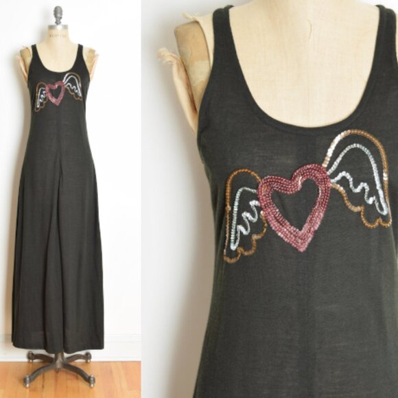 vintage 70s dress black sequin HEART wings racerback disco long maxi sundress S - Picture 1 of 8